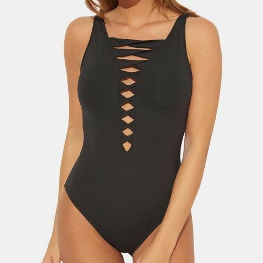 NWT! Bleu Rod Beattie Black Lattice One Piece Swimsuit NEW!